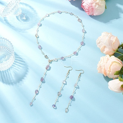 Handmade Natural Amethyst Beaded Chains Earring & Necklaces Sets SJEW-JS01342-02-1