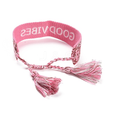 Word Good Vibes Polycotton(Polyester Cotton) Braided Bracelet with Tassel Charm BJEW-F429-02-1