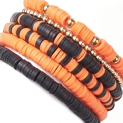 6Pcs 6 Styles Halloween Handmade Polymer Clay Beaded Stretch Bracelets Sets X1-BJEW-TA00490-1