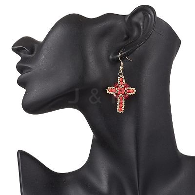304 Stainless Steel Glass Seeds Cross Dangle Earrings EJEW-MZ00506-02-1