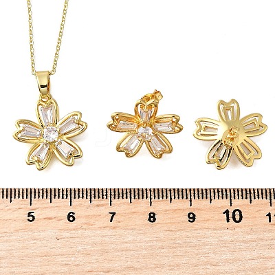 Flower Brass Micro Pave Cubic Zirconia Stud Earrings & Pendant Necklaces Sets SJEW-Z002-02G-1