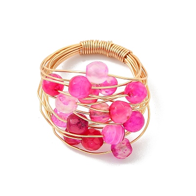 5Pcs Copper Wire Wrapped Dyed & Heated Natural Agate Round Bead Finger Rings RJEW-JR01034-1