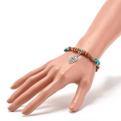 Starfish Synthetic Turquoise Beads & Round Natural Wood Beads Stretch Bracelet BJEW-JB07270-1