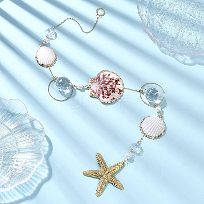 Electroplate Sea Shell & Glass Pendants Hanging Suncatchers HJEW-JM04562-1