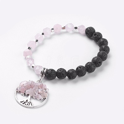 Natural Rose Quartz & Lava Rock Stretch Bracelets BJEW-JB03953-03-1