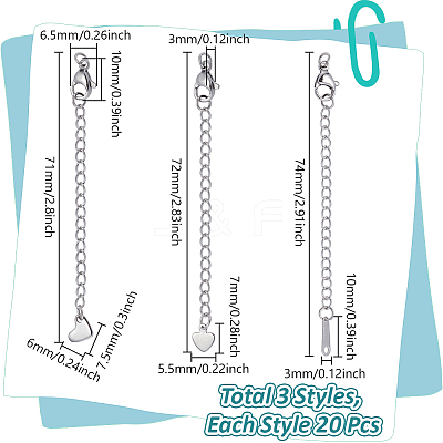 60Pcs 3 Styles 304 Stainless Steel Chain Extender STAS-UN0064-63-1