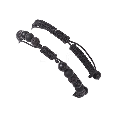 2Pcs 2 Styles Natural Black Onyx & Black Agate & Synthetic Lava Rock Beads Braided Bead Bracelets for Women BJEW-JB12591-1