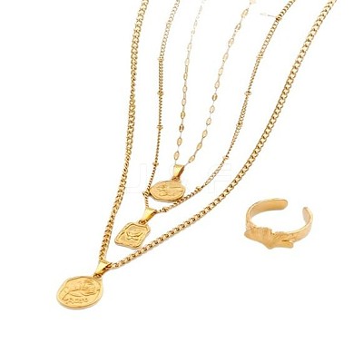 Oval/Flat Round/Rectangle with Rose Pattern 304 Stainless Steel Pendant Necklaces & Ginkgo Leaf Cuff Ring Sets FS-WGBCCD7-01-1