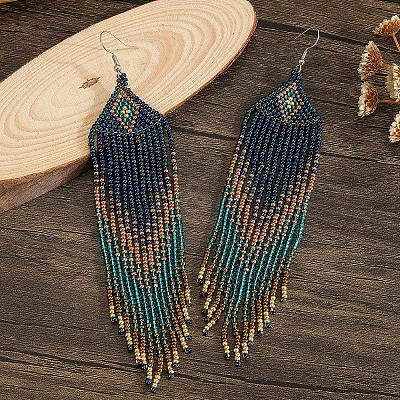 Bohemian Handmade Glass Seed Beads Rectangle Dangle Earrings PO2470-1