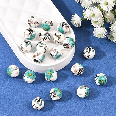 Floral Printed Porcelain Beads X-PORC-Q199-8mm-17-1