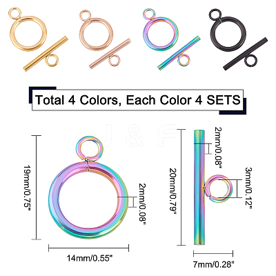 16 Sets 4 Style Ion Plating(IP) 304 Stainless Steel Toggle Clasps STAS-DC0001-18-1
