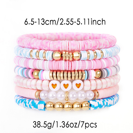 7Pcs Heart Pattern Polymer Clay & Plastic Pearl & CCB Plastic Beaded Stretch Bracelet Set for Women FS-WG634BB-03-1