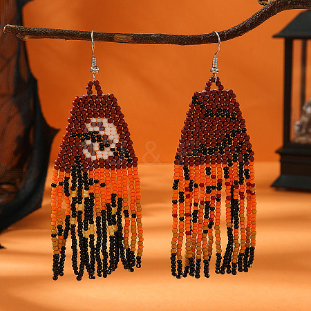 Haunted House/Ghostly Castle Pattern Glass Bead Handmade Tassel Earrings for Women ZN4974-1