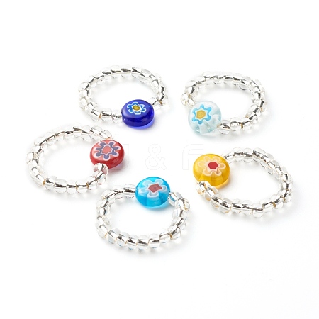 Sunflower Handmade Millefiori Glass Beads Finger Ring for Kid Teen Girl Women RJEW-JR00381-1