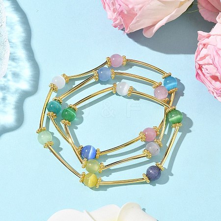 Cat Eye Round Beads Multi-strand Bracelets for Women BJEW-JB12338-03-1