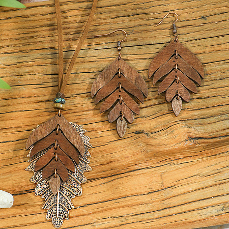 Bohemian Style Alloy & Wood Pendant Necklaces & Dangle Earrings Sets WG14320-03-1