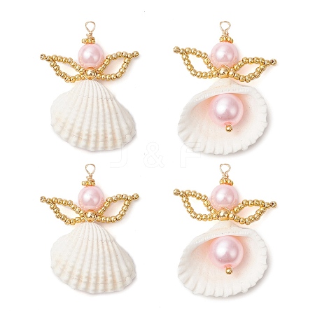 4Pcs Natural Clam Shell & Glass Angel Pendants PALLOY-MZ00717-02-S-1