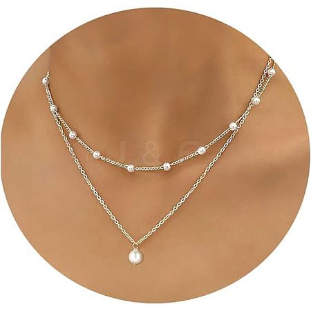 Simple Style Imitation Pearl Round Pendant Alloy Chain Double Layer Necklaces for Women FS-WG0DEC3-02-1