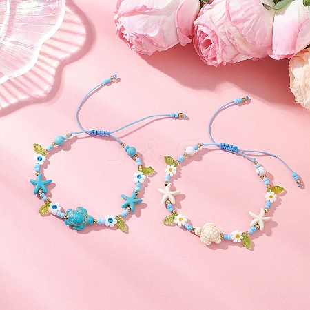 2Pcs 2 Colors Ocean Theme Synthetic Turquoise & Glass Seed Beaded Bracelets BJEW-MZ00305-1