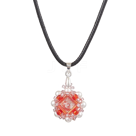 Flower Glass Seed Beads & Acrylic Pendant Necklaces NJEW-MZ00044-02-1