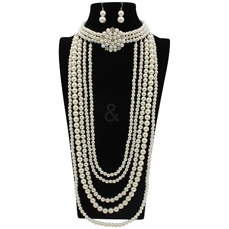 Flower Plastic Pearl Round Beaded Multilayer Necklaces & Dangle Earrings Sets FS-WG7C7AA-05-1