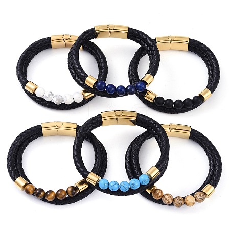 Mixed Stone Round Bead Leather Cord Multi-strand Bracelets BJEW-A009-10G-1