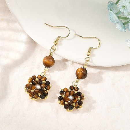 Natural Tiger Eye and Shell Pearl Braided Dangle Earrings EJEW-MZ00789-03-1