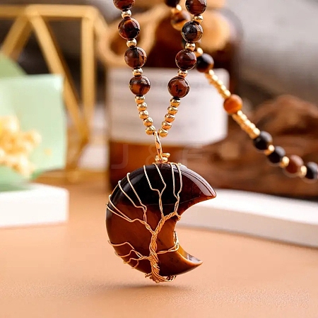 Natural Tiger Eye Copper Wire Wrapped Moon Tree Pendant Necklaces PW-WG35DF9-02-1