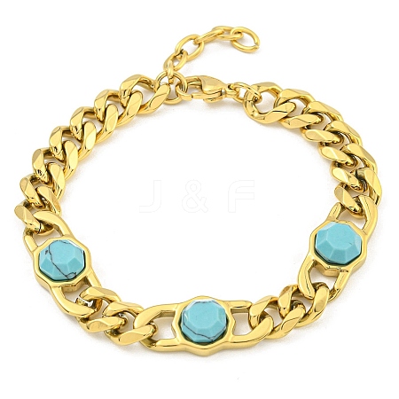 304 Stainless Steel & Synthetic Turquoise Polygon Link Bracelets for Women BJEW-G717-16G-03-1