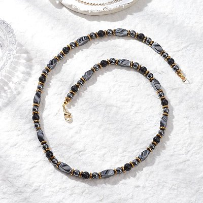 Round Natural Obsidian & Twist Synthetic Non-Magnetic Hematite Beaded Necklaces NJEW-JN05728-02-1
