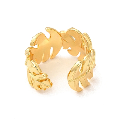 Brass Tropical Leaf Wrap Open Cuff Ring for Women RJEW-A015-08G-1