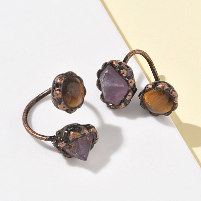 Natural Amethyst & Tiger Eye Rings RJEW-B122-04R-04-1