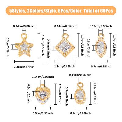 60Pcs 10 Styles Alloy Clear Cubic Zirconia Charms ZIRC-FH0001-46-1