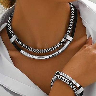 Alloy Polyester Black White Necklace & Bracelet Set FS-WG59022-02-1