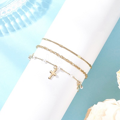 Round ABS Imitation Pearl Beaded Chains & 304 Stainless Steel Cable Chains Stackable Bracelets for Women BJEW-JB12452-01-1