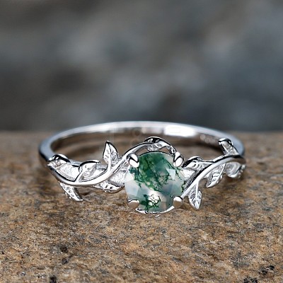 Oval & Leaf 925 Sterling Silver with Moss Agate Finger Rings FS-WGF1EFD-05-1