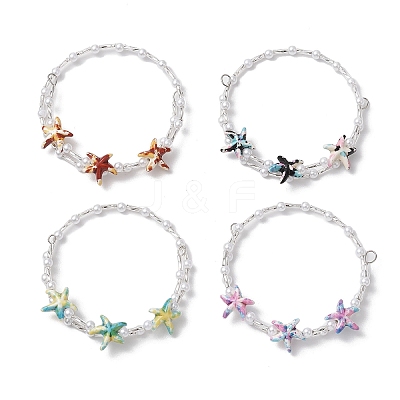 Starfish Synthetic Turquoise & Imitated Pearl Acrylic & Glass Twisted Bugle Beaded Bracelets for Women BJEW-JB11850-1