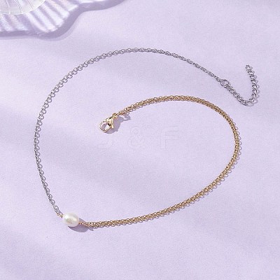 Natural Cultured Freshwater Pearl Rice Pendant 304 Stainless Steel Cable Chain Double Layer Necklaces X-NJEW-JN05682-1
