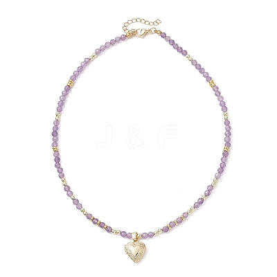 3Pcs 3 Styles Brass Heart Locket Pendant Faceted Round Natural Amethyst & Rose Quartz & Dyed Agate Beaded Necklaces NJEW-JN05737-1