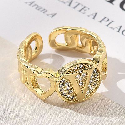 Brass Micro Pave Clear Cubic Zirconia Open Cuff Rings for Women RJEW-K289-02G-V-1