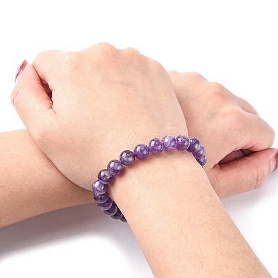 Natural Amethyst Round Beaded Stretch Bracelet BJEW-F293-04A-1