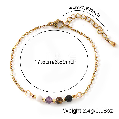 Faceted Round Natural Black Onyx(Dyed & Heated) & Tiger Eye & Amethyst & Shell Beaded Bracelets with Stainless Steel Cable Chains NW1316-1