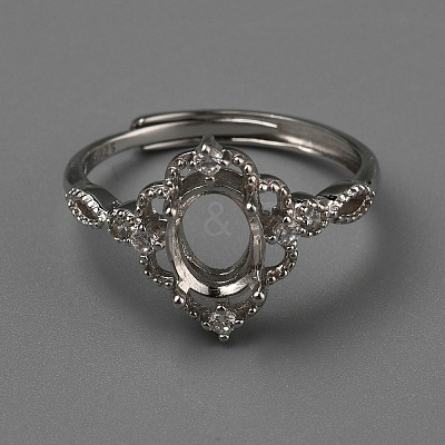 Adjustable 925 Sterling Silver Micro Pave Cubic Zirconia Oval Ring Component STER-WH0007-05P-1