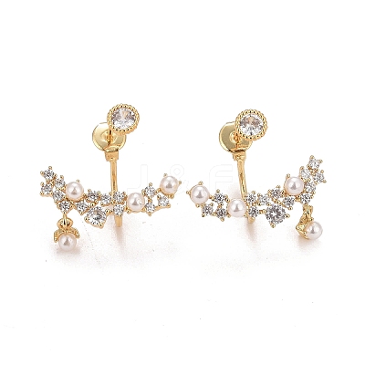 Clear Cubic Zirconia Branch Front Back Stud Earrings with Acrylic Pearl EJEW-C022-20G-1