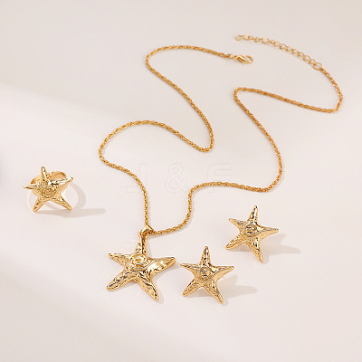 Starfish Alloy Pendant Necklace & Stud Earring & Ring Sets for Women FS-WG0D5F4-03-1