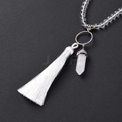 Natural Quartz Crystal Bullet & Tassel Pendant Necklace with Mixed Gemstone Beaded Chains NJEW-E585-02G-1