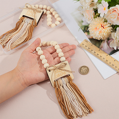 2Pcs Wood Beads & Cotton Tassels Hanging Ornaments HJEW-BC00087-1
