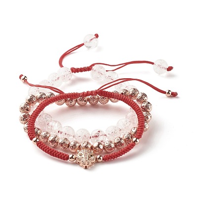 Natural Crackle Quartz & Lava Rock Braided Bead Bracelets Set BJEW-JB07212-02-1