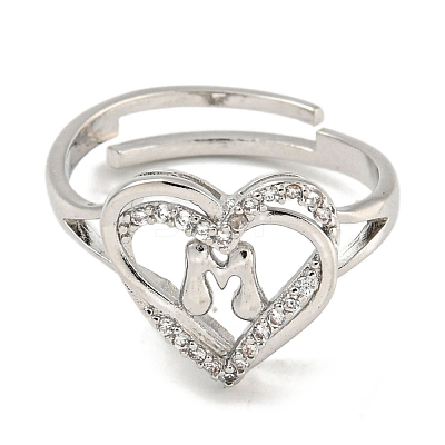 Heart with Letter Rack Plating Brass Micro Pave Clear Cubic Zirconia Adjustable Rings for Women RJEW-I105-01P-M-1