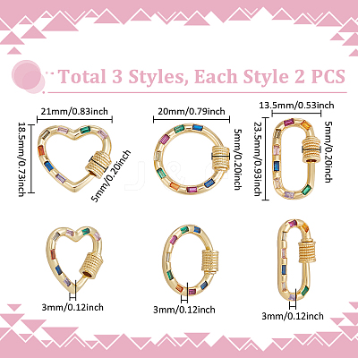 6Pcs 3 Styles Brass Micro Pave Cubic Zirconia Screw Carabiner Lock Charms ZIRC-UN0001-15-1